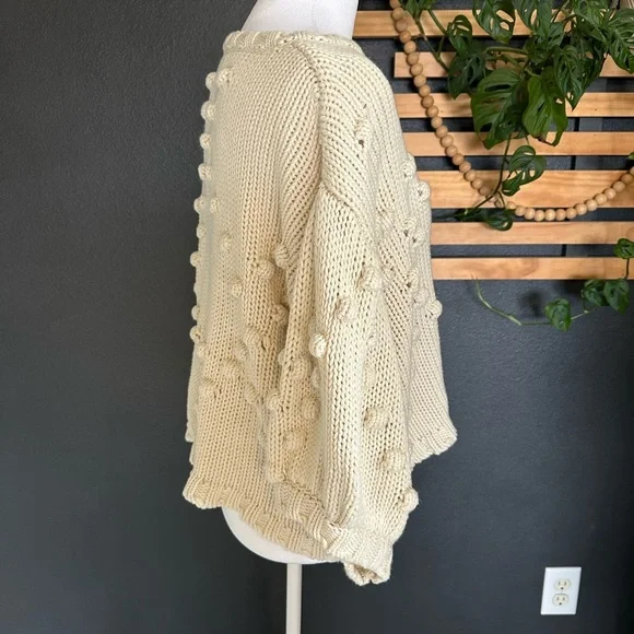 Sabo Cream Chunky Knit Pom Pom Sweater Poncho Oversized Small Boho Cozy - Picture 4 of 10